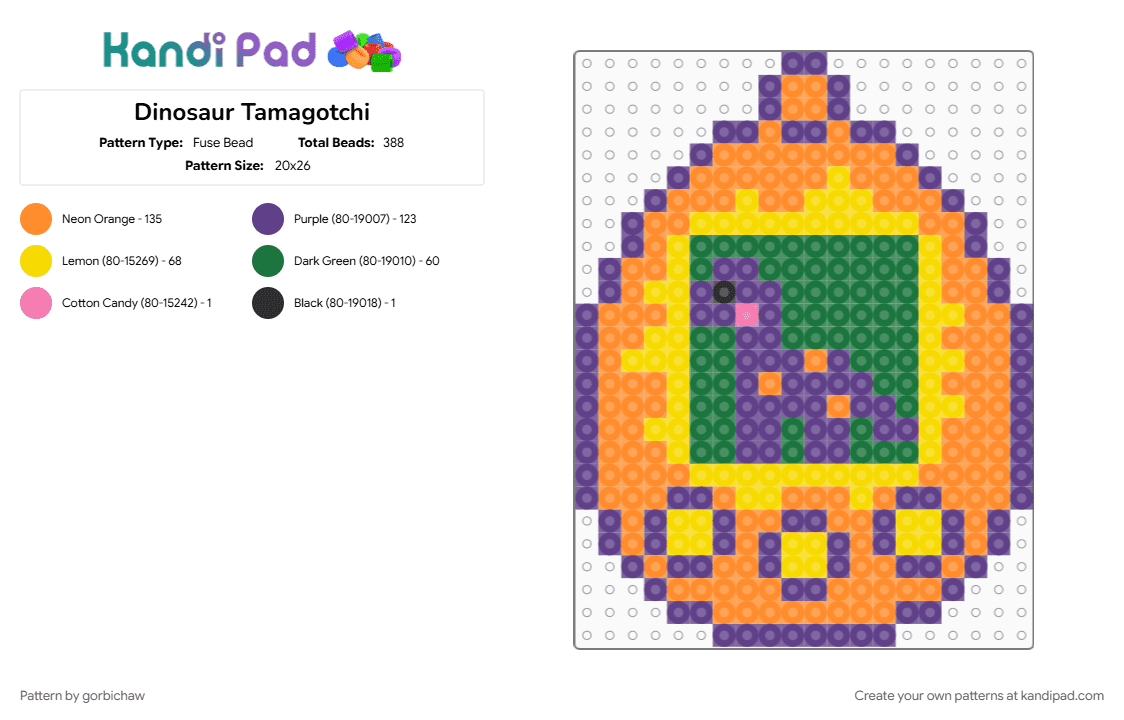 Dinosaur Tamagotchi - Fuse Bead Pattern by gorbichaw on Kandi Pad - cute, dino, dinosaur, nature, orange, purple, tamagotchi