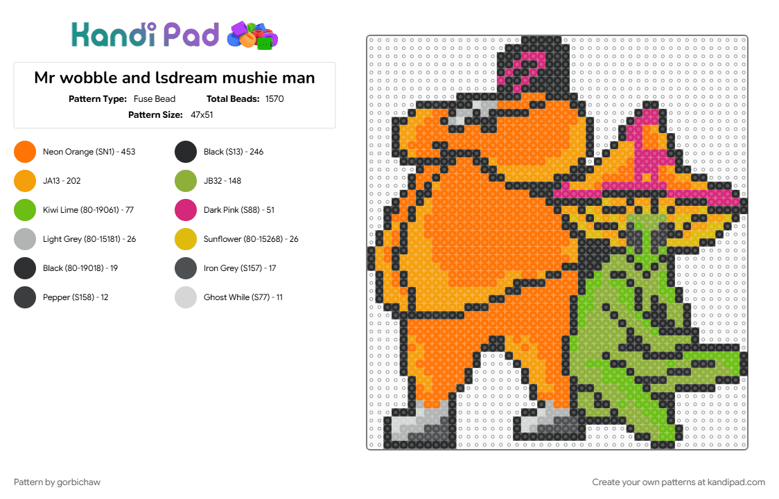 Mr wobble and lsdream mushie man - Fuse Bead Pattern by gorbichaw on Kandi Pad - alien, ganja, ganja white night, green, gwn, lsdream, mr wobble, mushie, orange, wobble