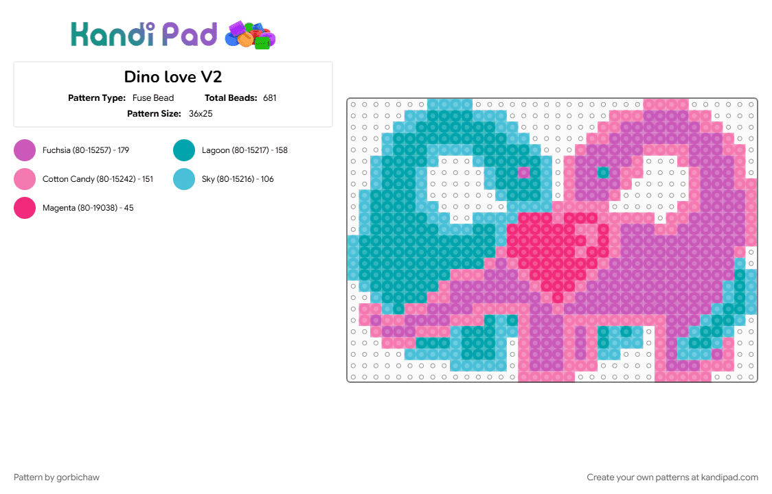 Dino love V2 - Fuse Bead Pattern by gorbichaw on Kandi Pad - dino, dinos, dinosaur, dinosaur love, heart, in love, lost lands, love, pink