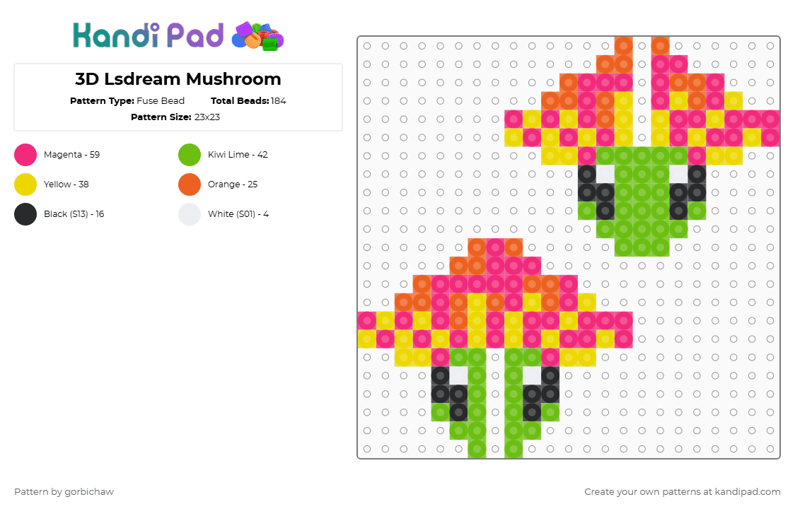 3D Lsdream Mushroom - Fuse Bead Pattern by gorbichaw on Kandi Pad - 3d, green, lsdream, mushroom, pink, trippy