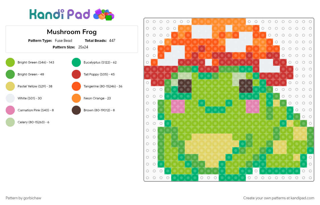 Mushroom Frog - Fuse Bead Pattern by gorbichaw on Kandi Pad - frog, froggy, green, mushie, mushroom, mushroomfrog, nature