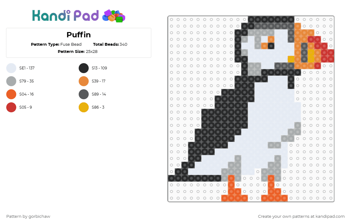 Puffin - Fuse Bead Pattern by gorbichaw on Kandi Pad - puffin,bird,animal,white,orange,gray