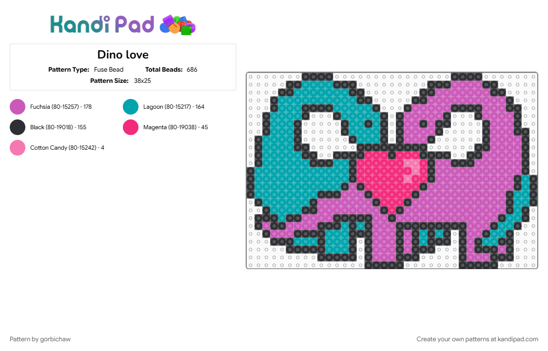 Dino love - Fuse Bead Pattern by gorbichaw on Kandi Pad - dino, dinos, dinosaur, dinosaur love, heart, in love, lost lands, love, pink, teal