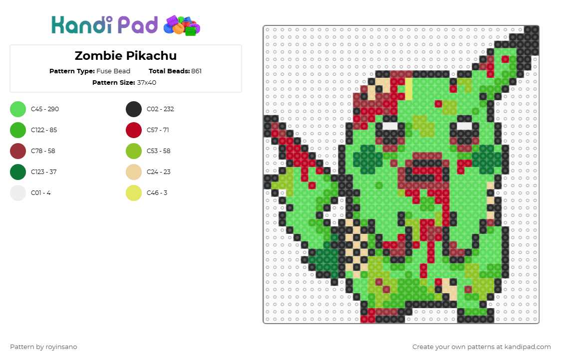 Zombie Pikachu - Fuse Bead Pattern by royinsano on Kandi Pad - green,red,teal