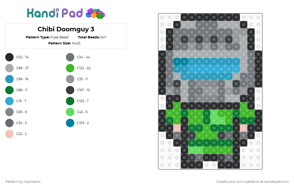 Chibi Doomguy 3 - Fuse Bead Pattern by royinsano on Kandi Pad - gray,green