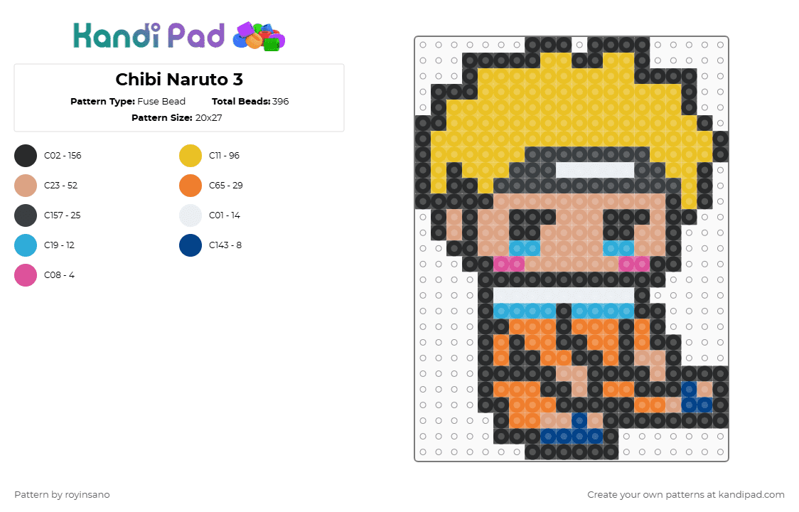 Chibi Naruto 3 - Fuse Bead Pattern by royinsano on Kandi Pad - black,beige,yellow