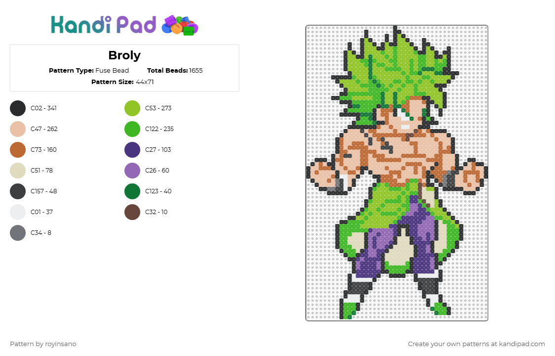 Broly - Fuse Bead Pattern by royinsano on Kandi Pad - green,tan,beige