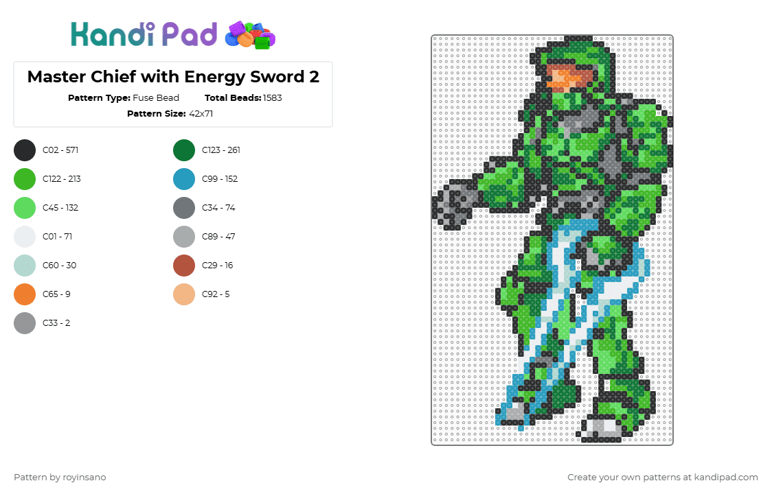 Master Chief with Energy Sword 2 - Fuse Bead Pattern by royinsano on Kandi Pad - light blue,green,gray,teal
