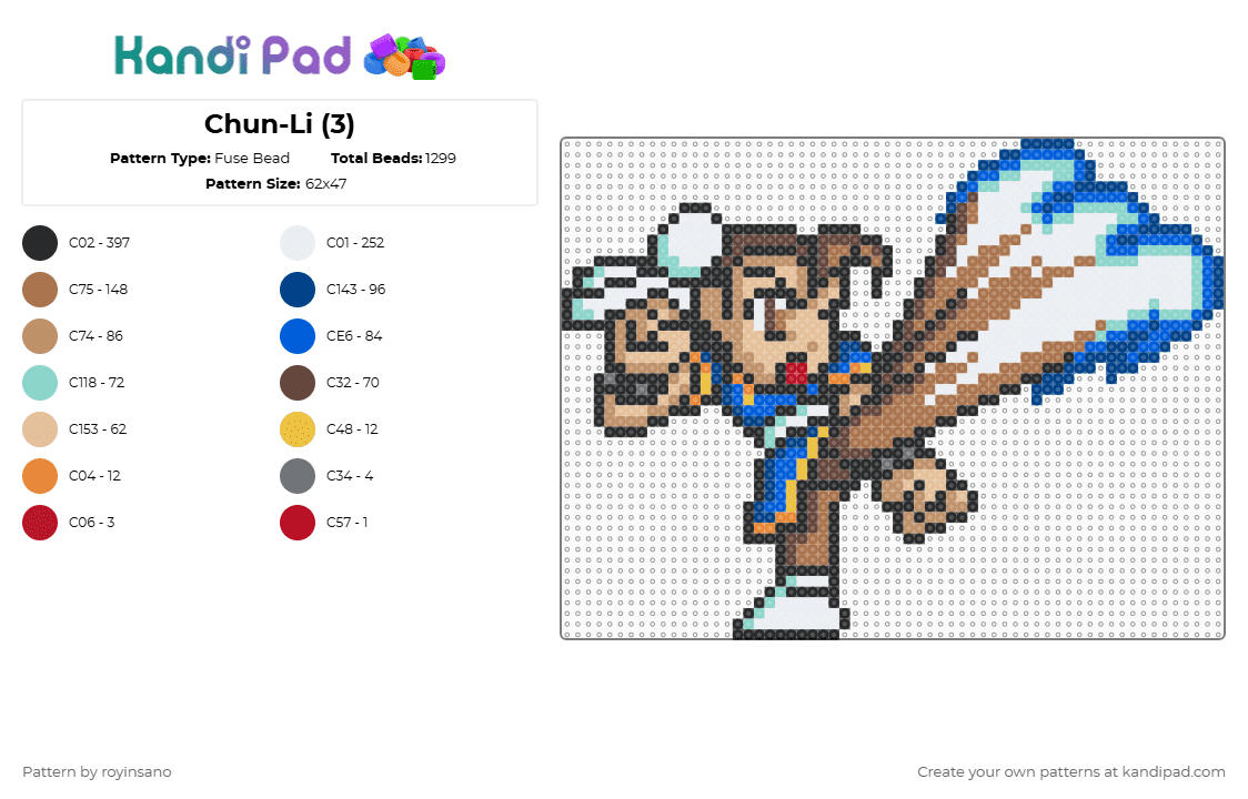 Chun-Li (3) - Fuse Bead Pattern by royinsano on Kandi Pad - blue,brown,light blue,tan