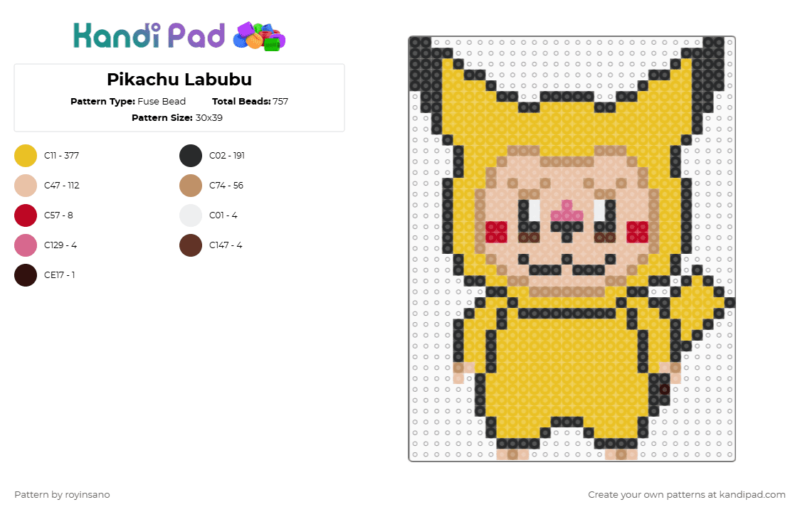 Pikachu Labubu - Fuse Bead Pattern by royinsano on Kandi Pad - beige,yellow