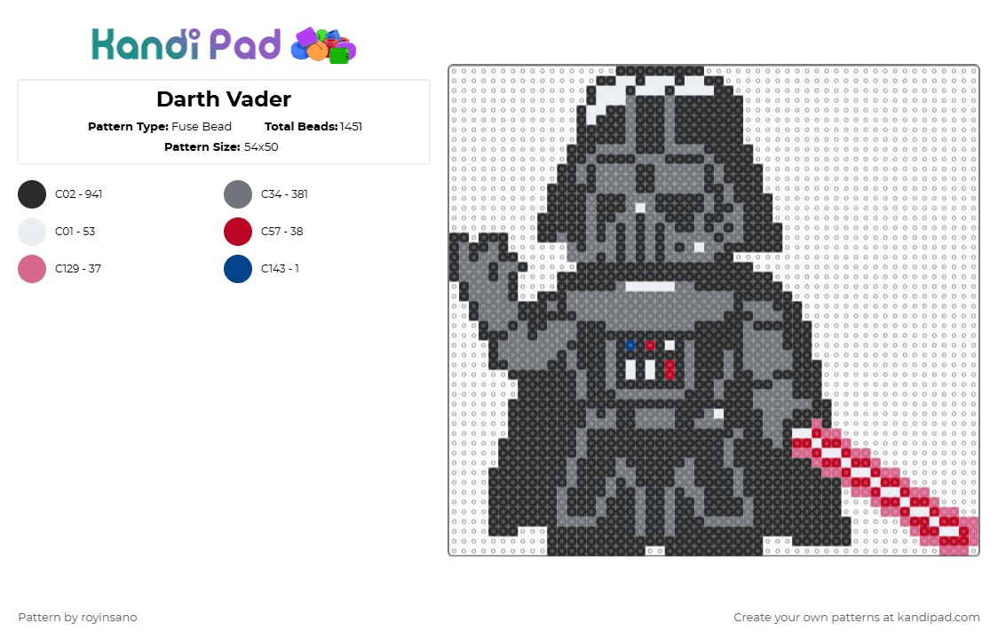 Darth Vader - Fuse Bead Pattern by royinsano on Kandi Pad - black,gray