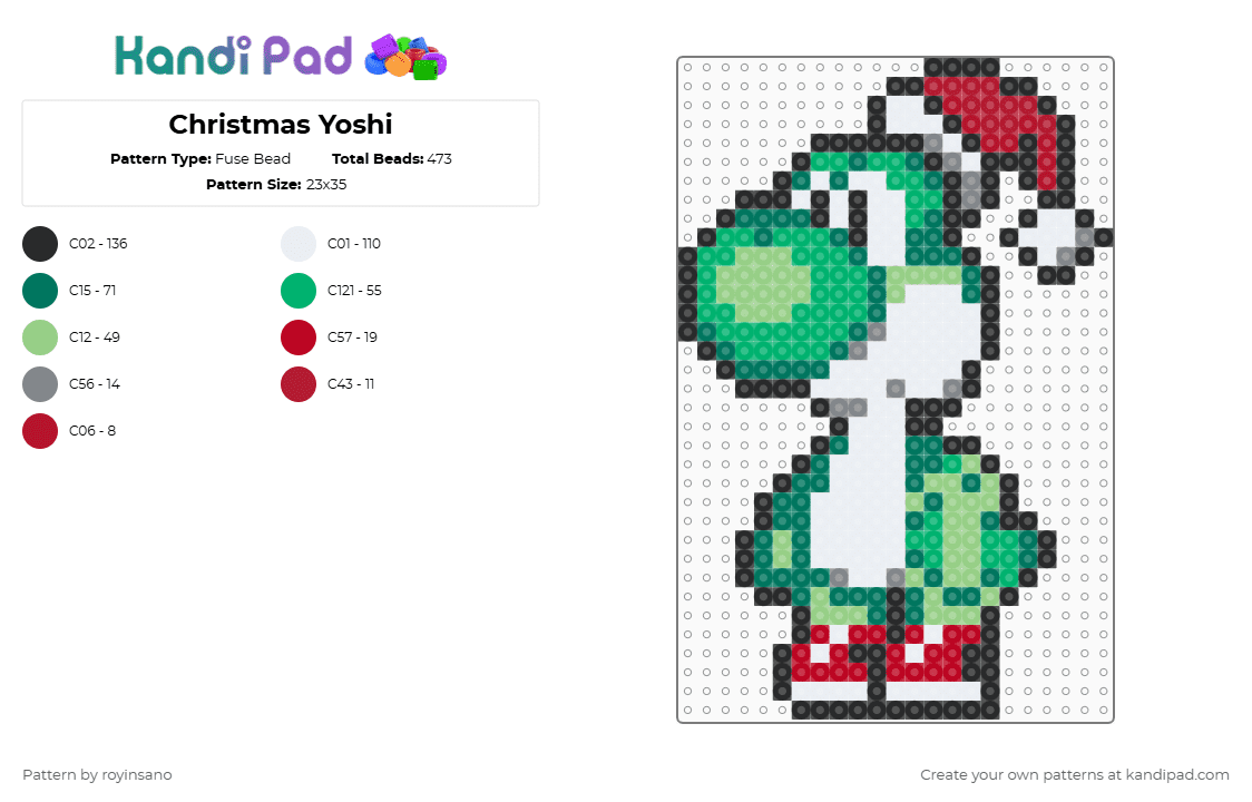 Christmas Yoshi - Fuse Bead Pattern by royinsano on Kandi Pad - teal,green