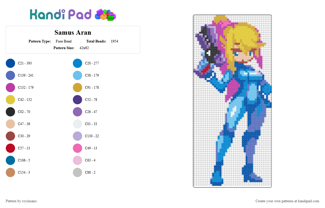 Samus Aran - Fuse Bead Pattern by royinsano on Kandi Pad - blue,light blue,pink