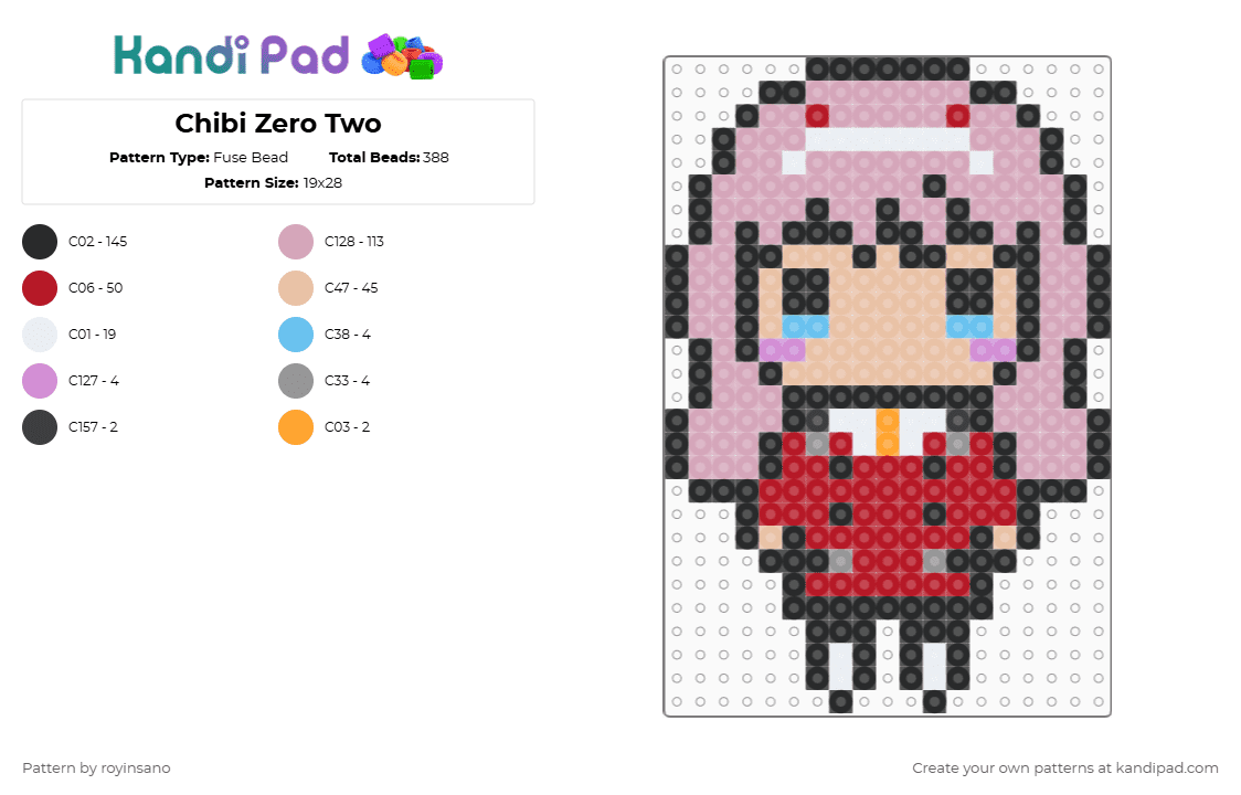 Chibi Zero Two - Fuse Bead Pattern by royinsano on Kandi Pad - red,pink,beige