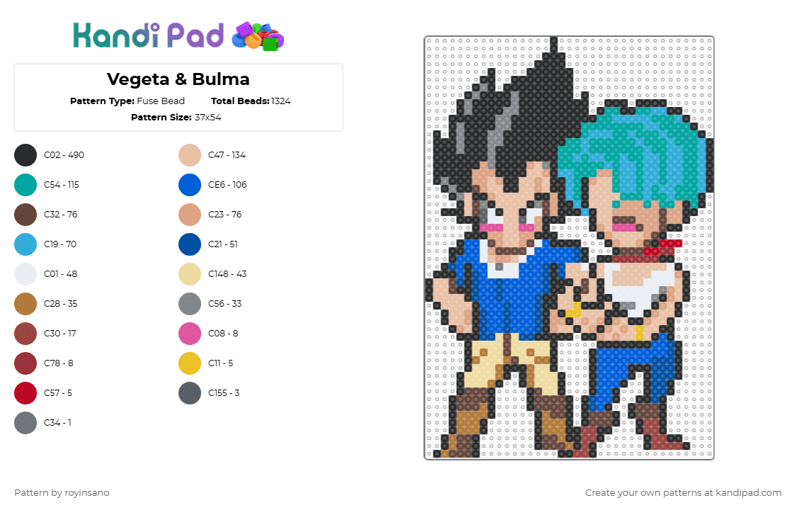 Vegeta & Bulma - Fuse Bead Pattern by royinsano on Kandi Pad - vegeta,bulma,anime,dragon ball,dragon ball z,cartoon,tv show,blue,beige,light blue,colorful