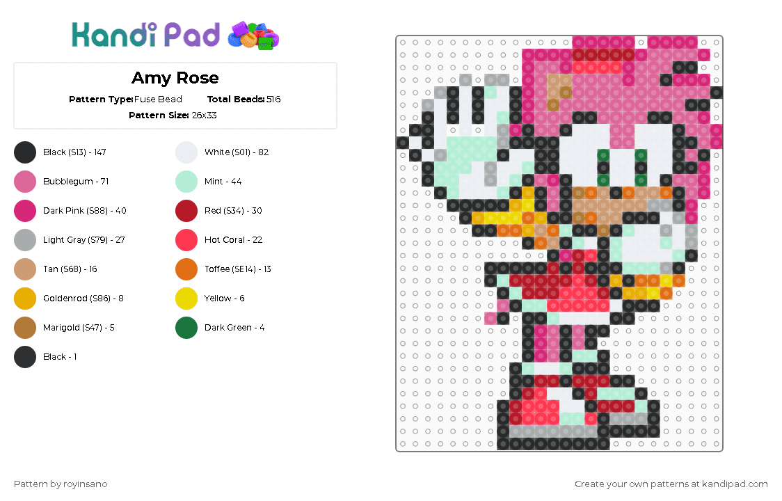 Amy Rose Fuse Bead Pattern - Kandi Pad | Kandi Patterns, Fuse Bead ...
