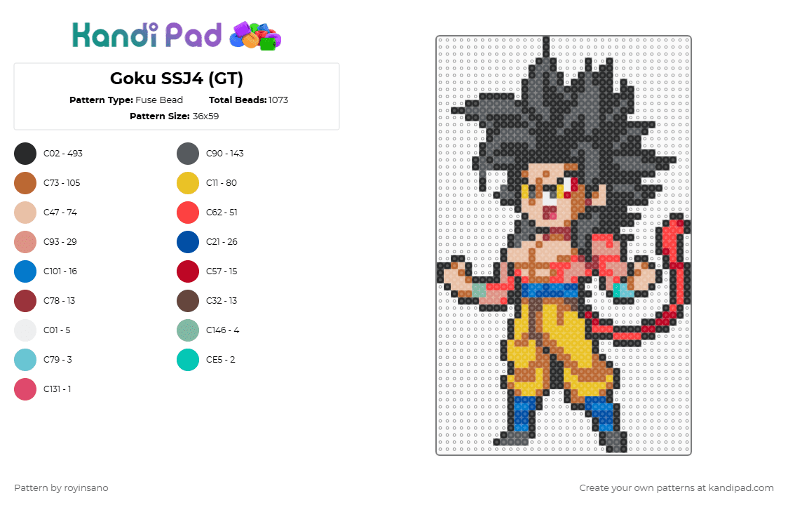 Goku SSJ4 (GT) - Fuse Bead Pattern by royinsano on Kandi Pad - black,gray,tan,beige,yellow,colorful