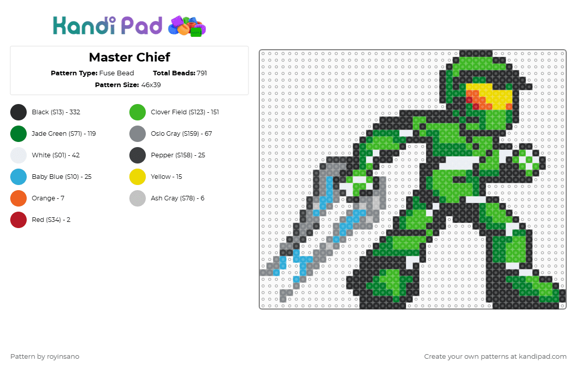 Master Chief - Fuse Bead Pattern by royinsano on Kandi Pad - master chief,halo,character,video game,soldier,armor,gaming,black,green,gray