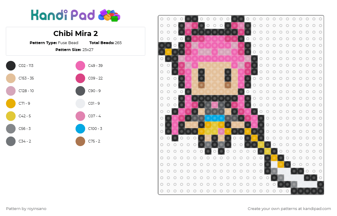 Chibi Mira 2 - Fuse Bead Pattern by royinsano on Kandi Pad - black,beige,pink