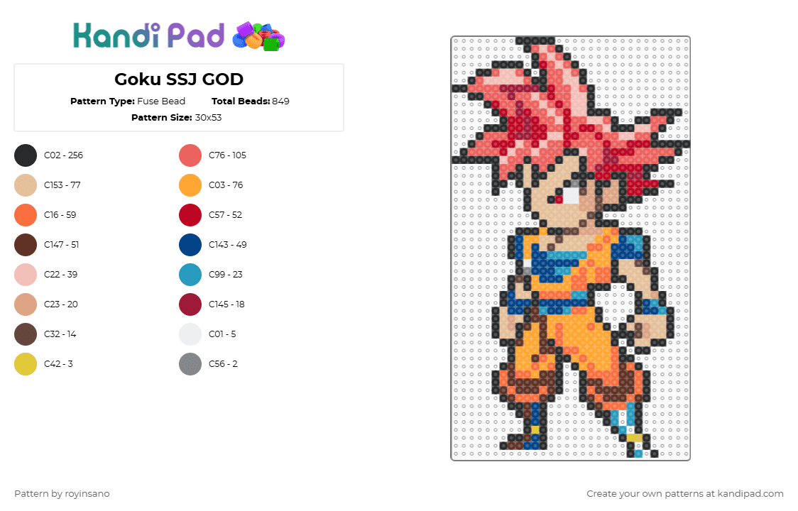 Goku SSJ GOD - Fuse Bead Pattern by royinsano on Kandi Pad - brown,beige,orange,red