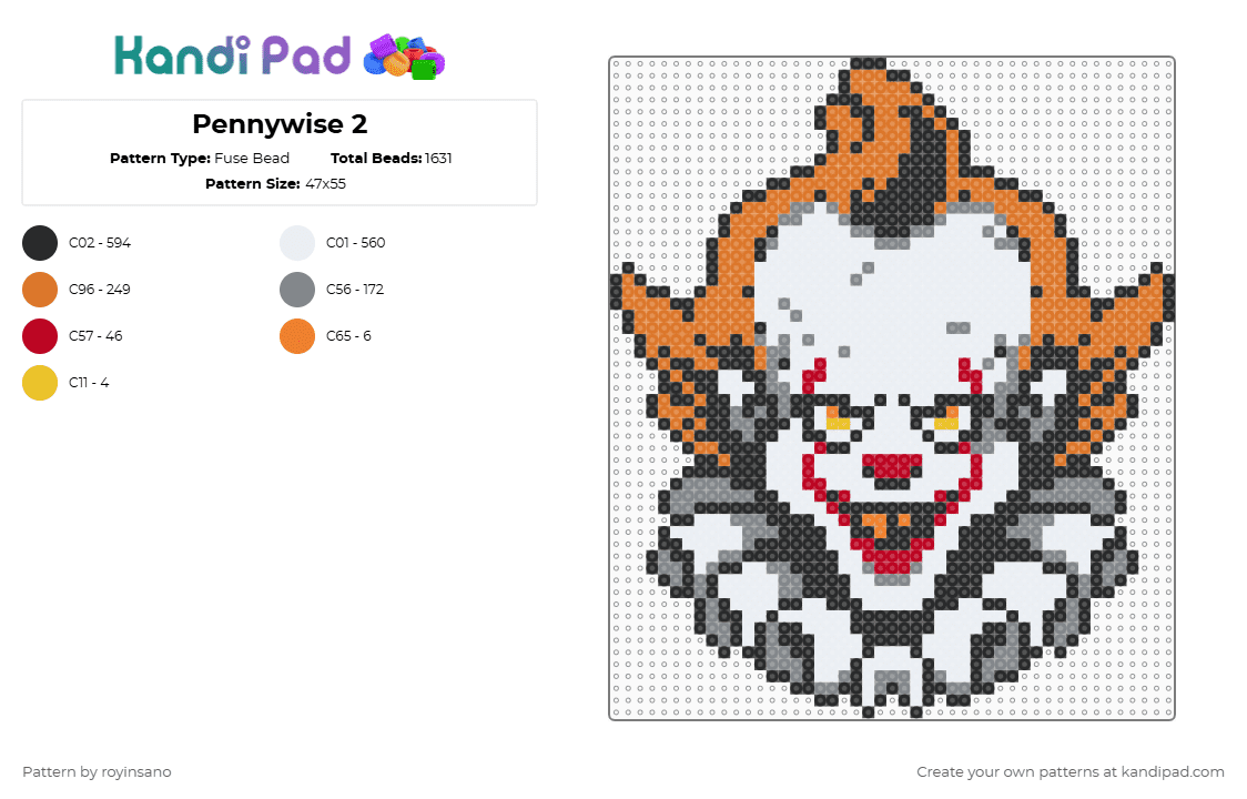 Pennywise 2 - Fuse Bead Pattern by royinsano on Kandi Pad - white,orange,gray