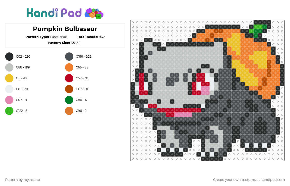 Pumpkin Bulbasaur - Fuse Bead Pattern by royinsano on Kandi Pad - purple,orange,beige