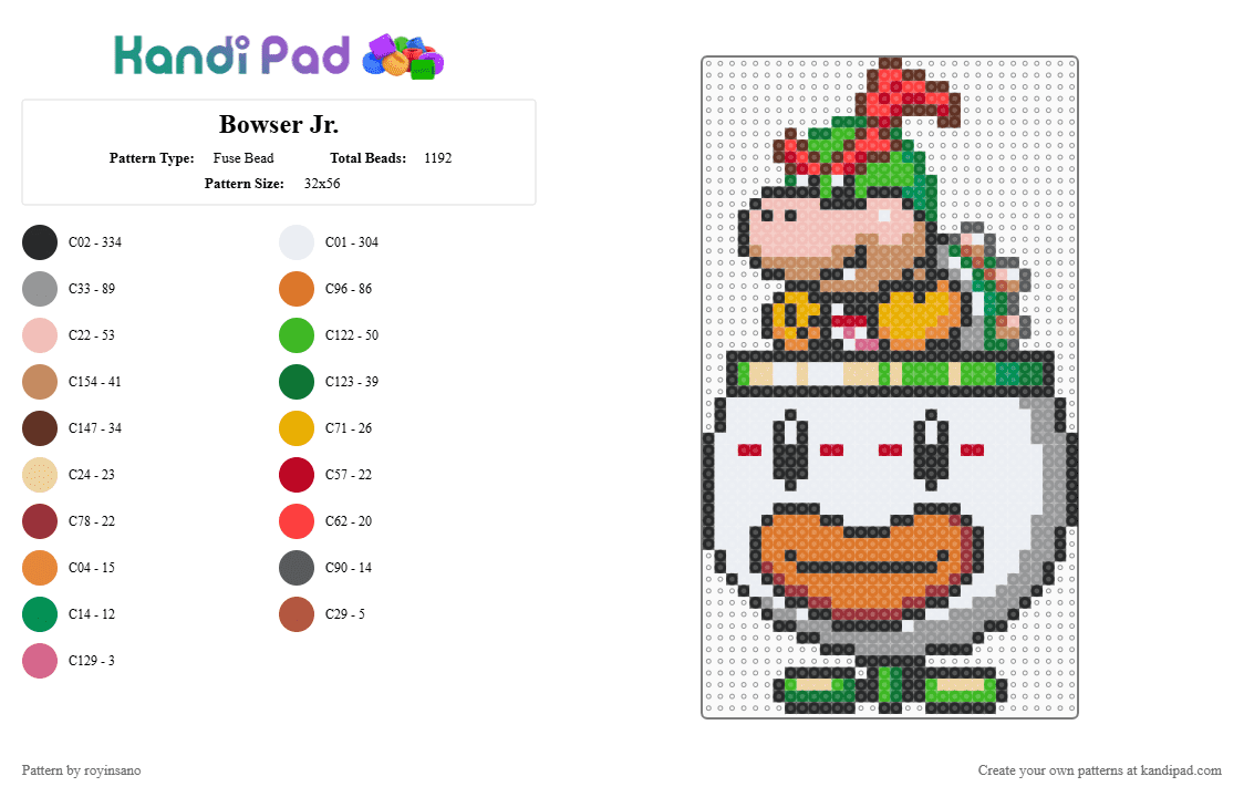 Bowser Jr. - Fuse Bead Pattern by royinsano on Kandi Pad - gray,beige,green,colorful