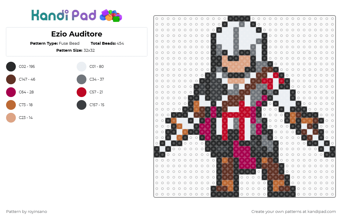 Ezio Auditore - Fuse Bead Pattern by royinsano on Kandi Pad - black,pink,brown,gray