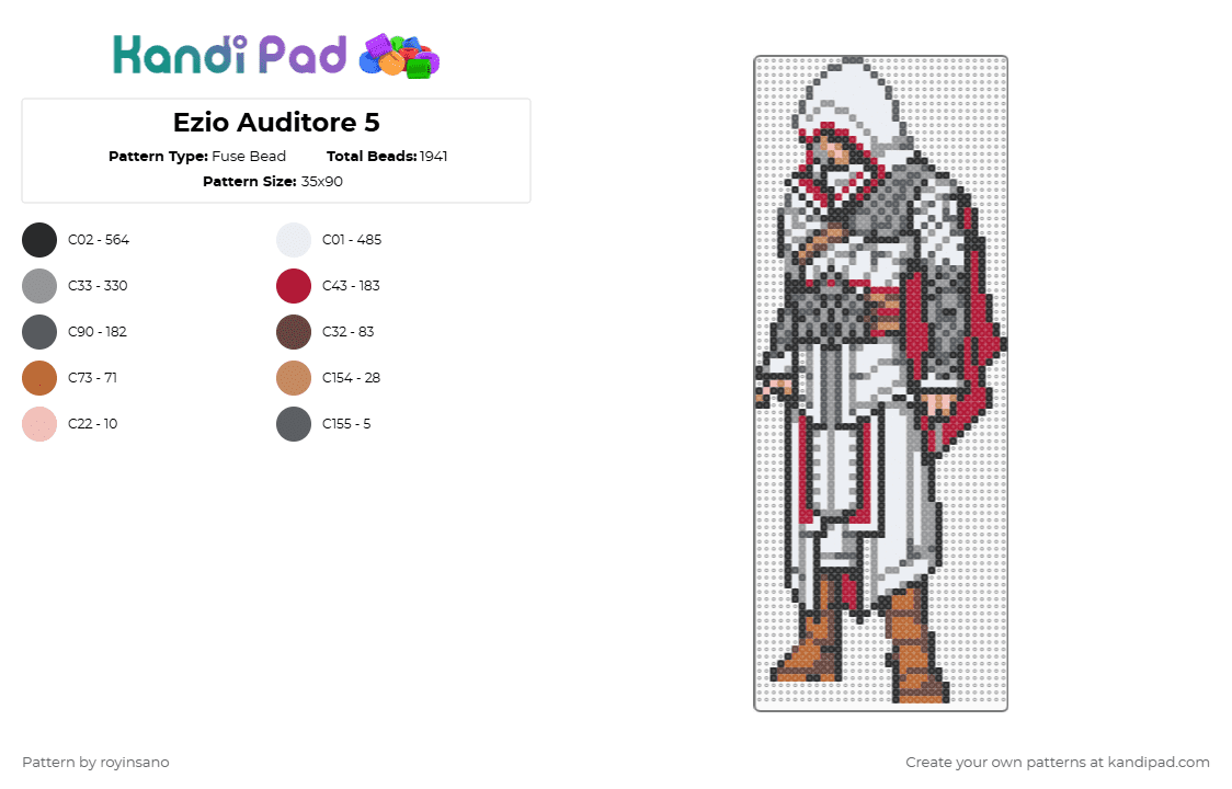 Ezio Auditore 5 - Fuse Bead Pattern by royinsano on Kandi Pad - gray,red
