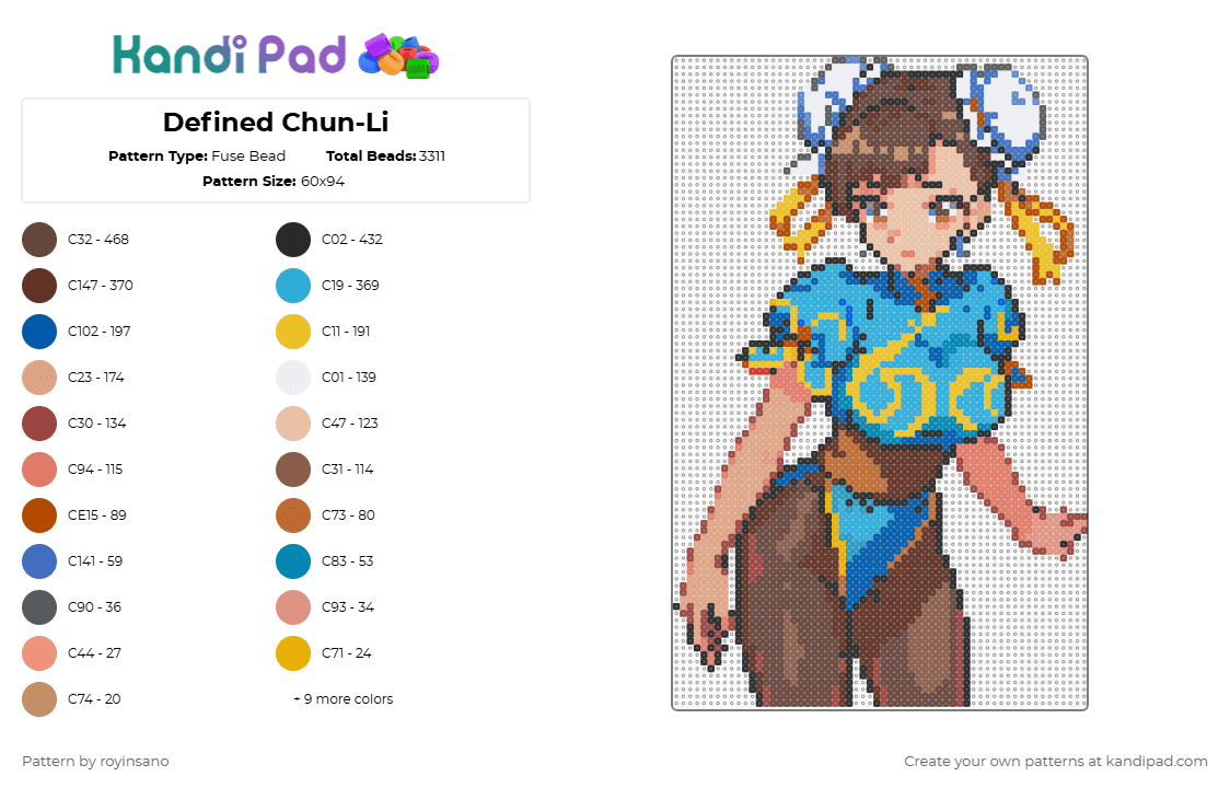 Defined Chun-Li - Fuse Bead Pattern by royinsano on Kandi Pad - brown,blue,beige,light blue