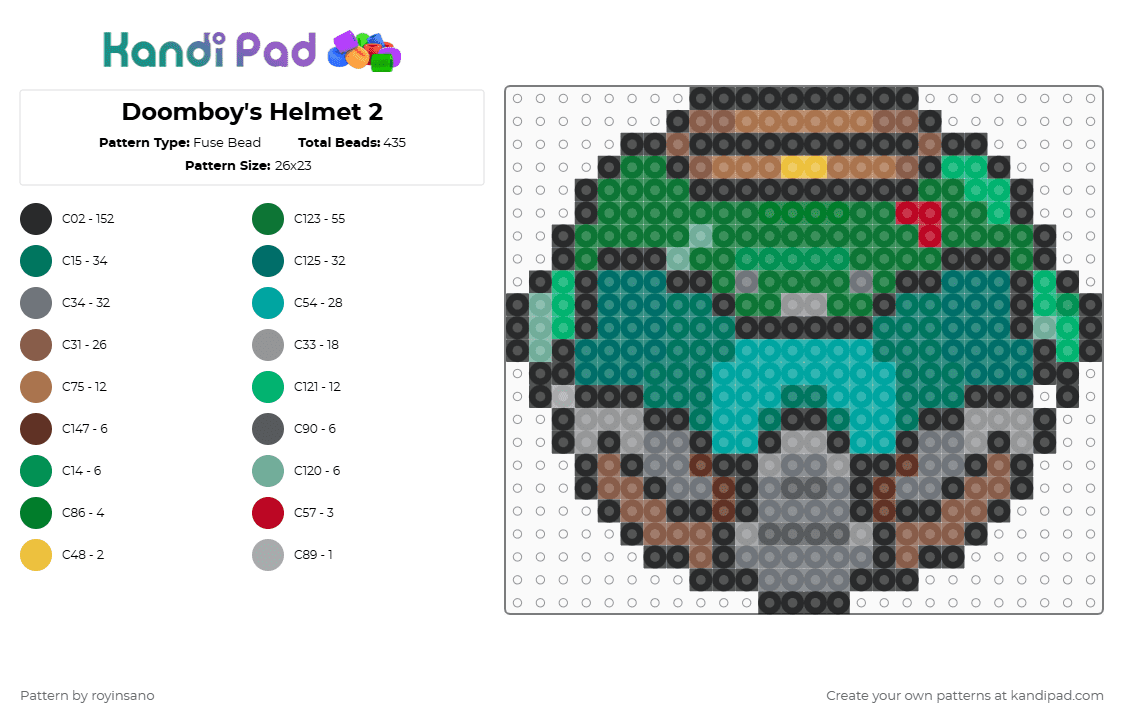 Doomboy\'s Helmet 2 - Fuse Bead Pattern by royinsano on Kandi Pad - teal,tan,gray,green