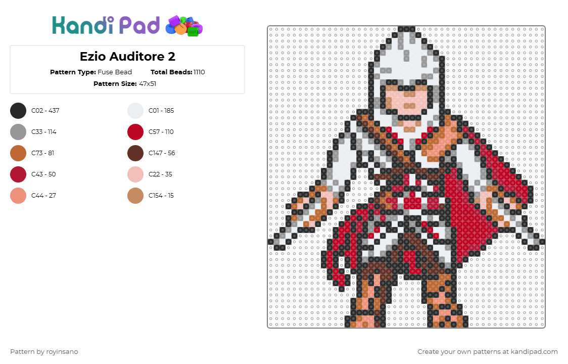 Ezio Auditore 2 - Fuse Bead Pattern by royinsano on Kandi Pad - tan,gray,red