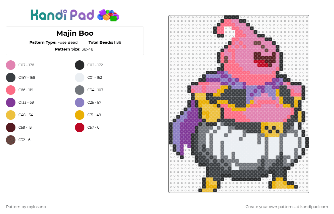 Majin Boo - Fuse Bead Pattern by royinsano on Kandi Pad - pink,red,gray