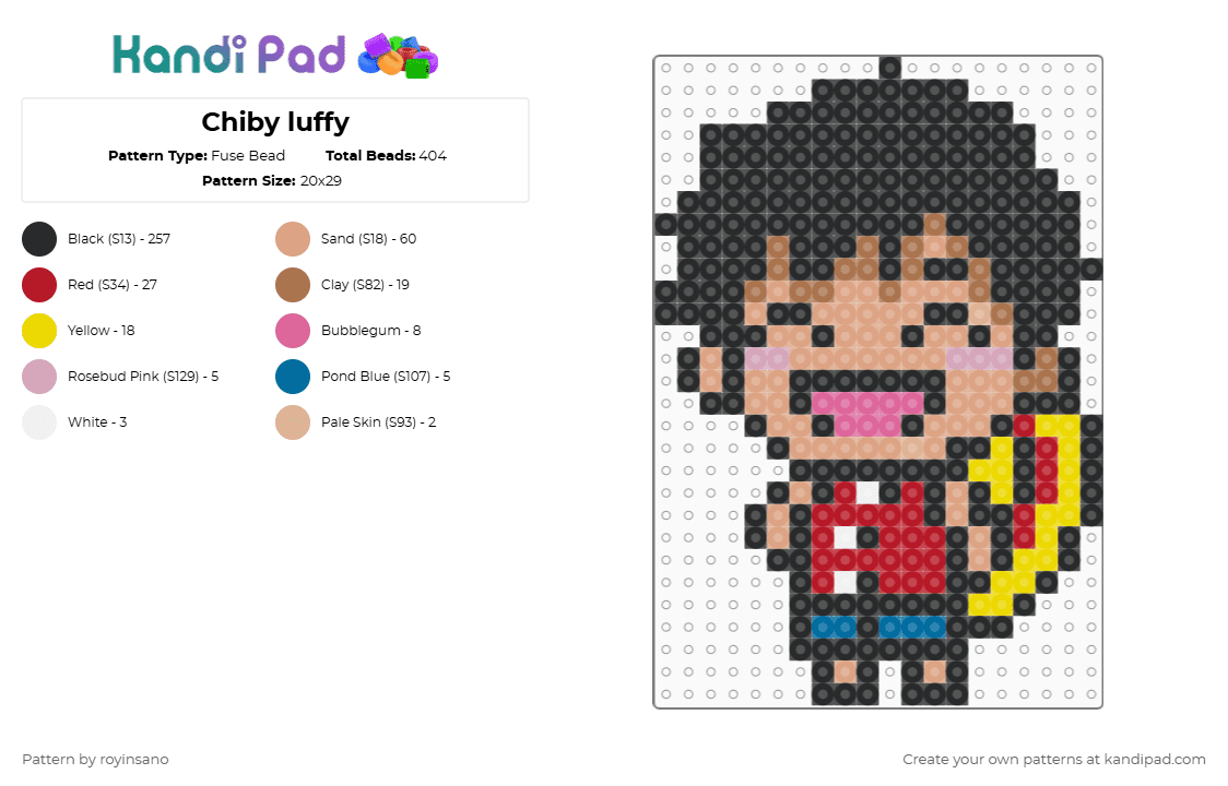 Chiby luffy - Fuse Bead Pattern by royinsano on Kandi Pad - monkey d luffy,one piece,chibi,character,luffy,chiby,anime,black,red,beige