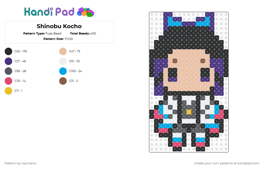 Shinobu Kocho - Fuse Bead Pattern by royinsano on Kandi Pad - black,gray,purple,beige