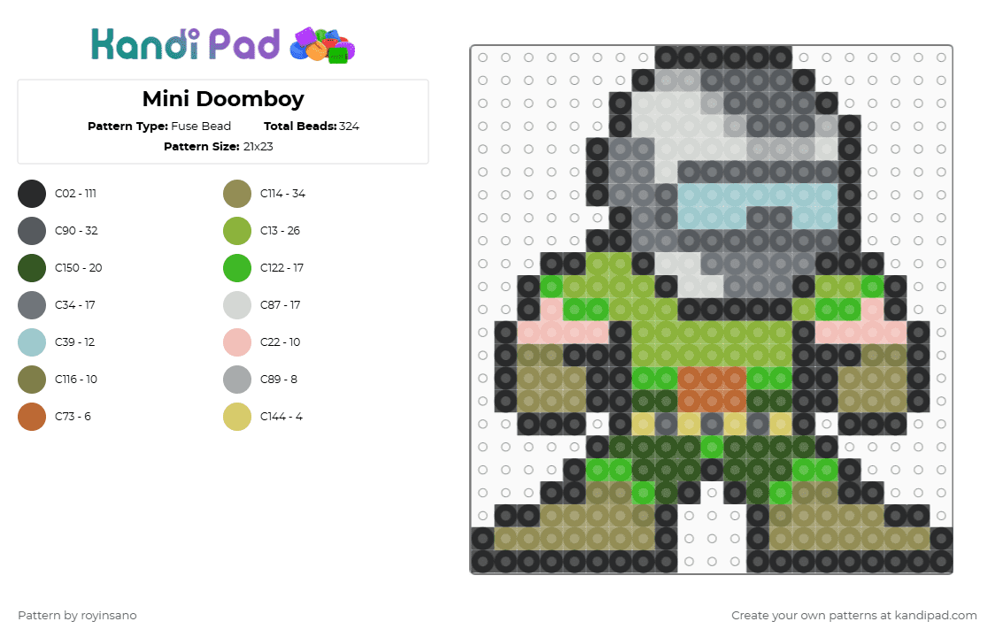Mini Doomboy - Fuse Bead Pattern by royinsano on Kandi Pad - green,gold,gray