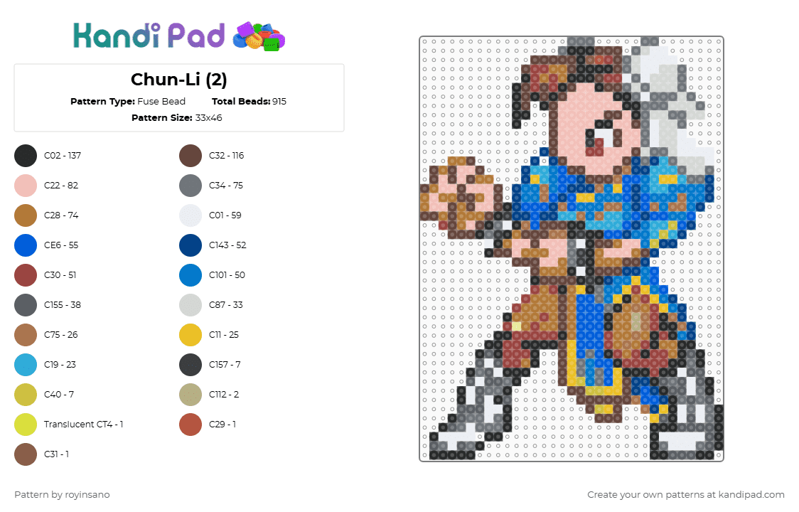 Chun-Li (2) - Fuse Bead Pattern by royinsano on Kandi Pad - gray,beige,tan,colorful