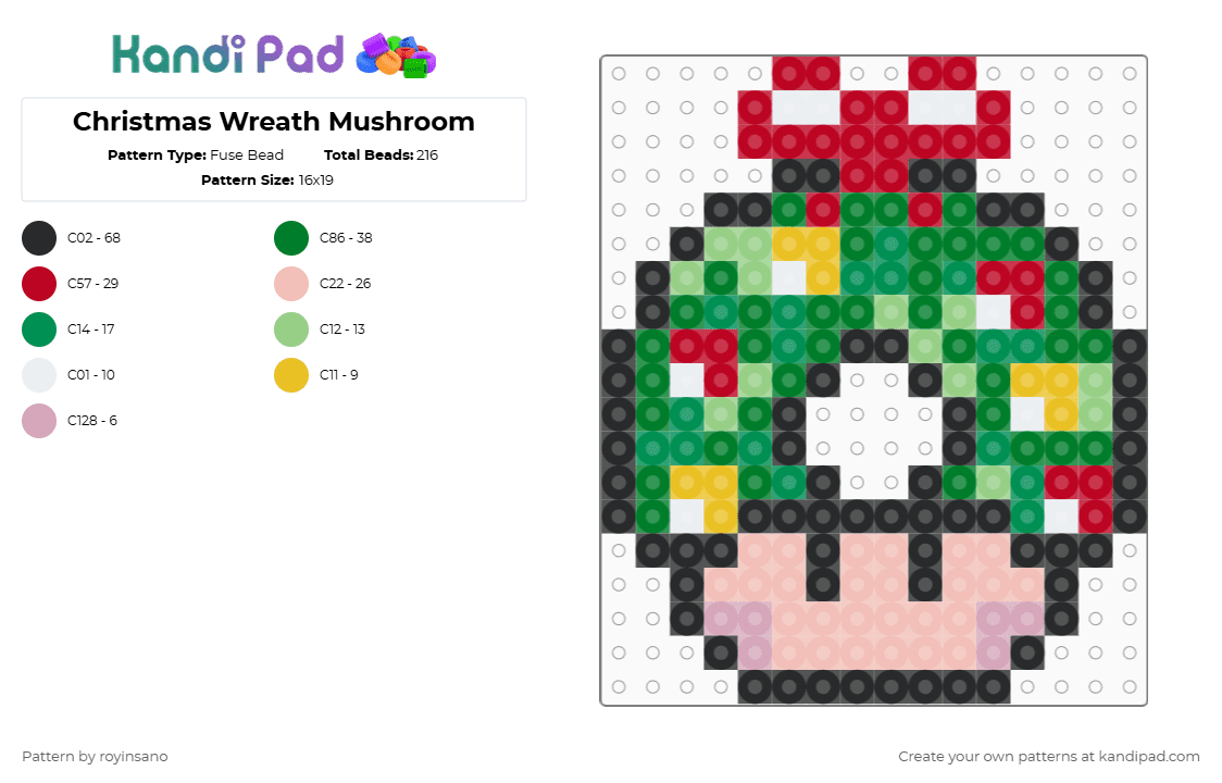 Christmas Wreath Mushroom - Fuse Bead Pattern by royinsano on Kandi Pad - red,green,beige