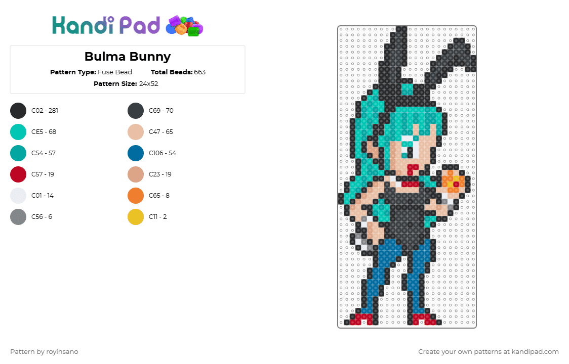 Bulma Bunny - Fuse Bead Pattern by royinsano on Kandi Pad - black,blue,beige,teal