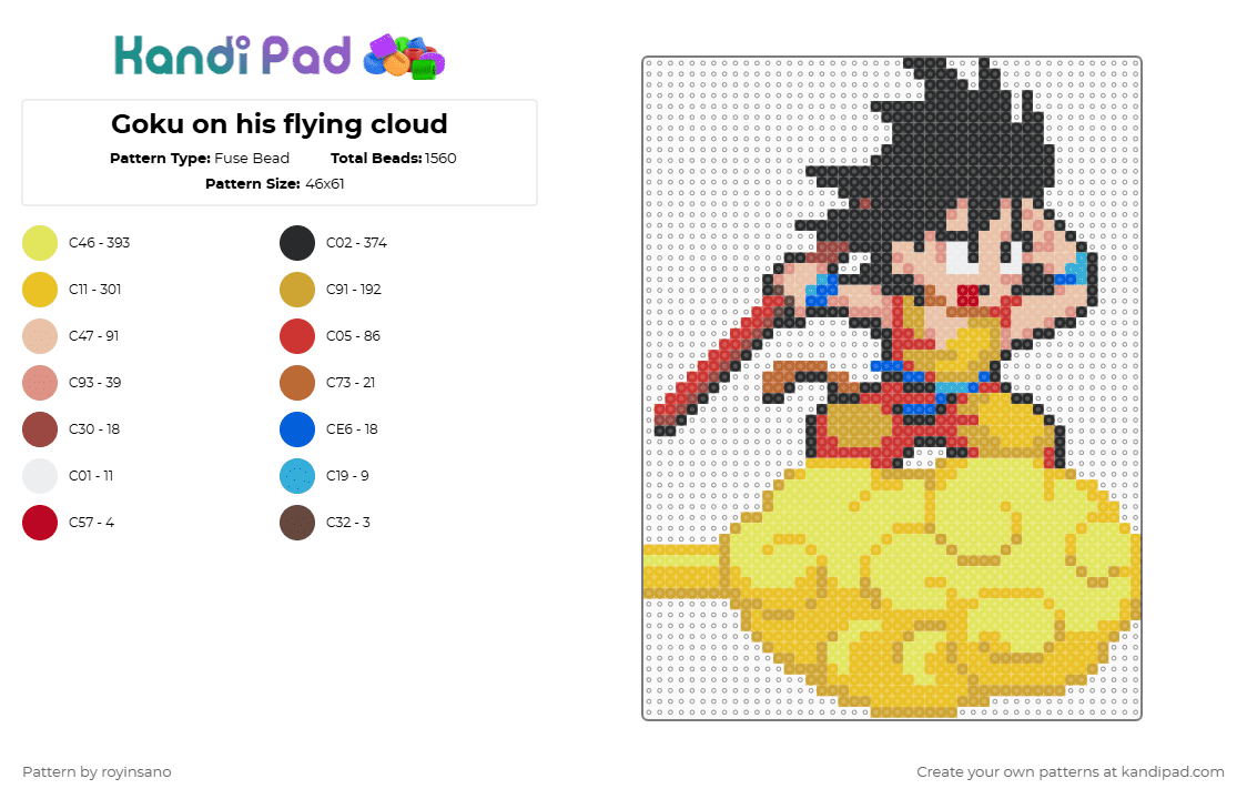Goku on his flying cloud - Fuse Bead Pattern by royinsano on Kandi Pad - orange,yellow,beige