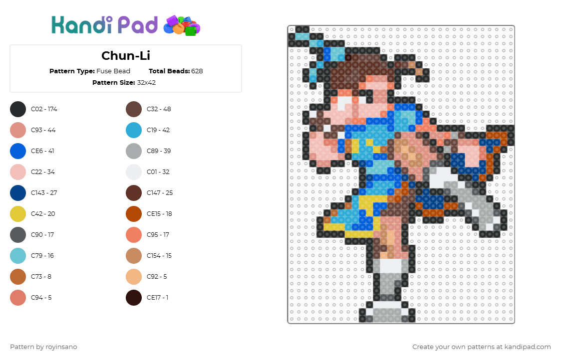 Chun-Li - Fuse Bead Pattern by royinsano on Kandi Pad - brown,gray,beige,colorful