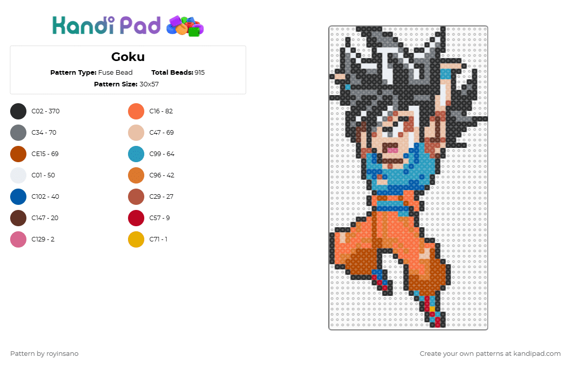 Goku - Fuse Bead Pattern by royinsano on Kandi Pad - black,beige,light blue,orange,colorful
