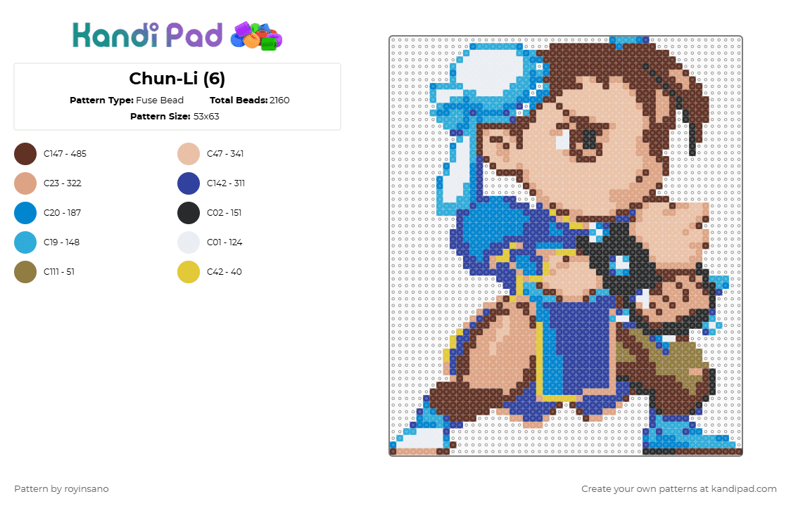 Chun-Li (6) - Fuse Bead Pattern by royinsano on Kandi Pad - purple,brown,beige