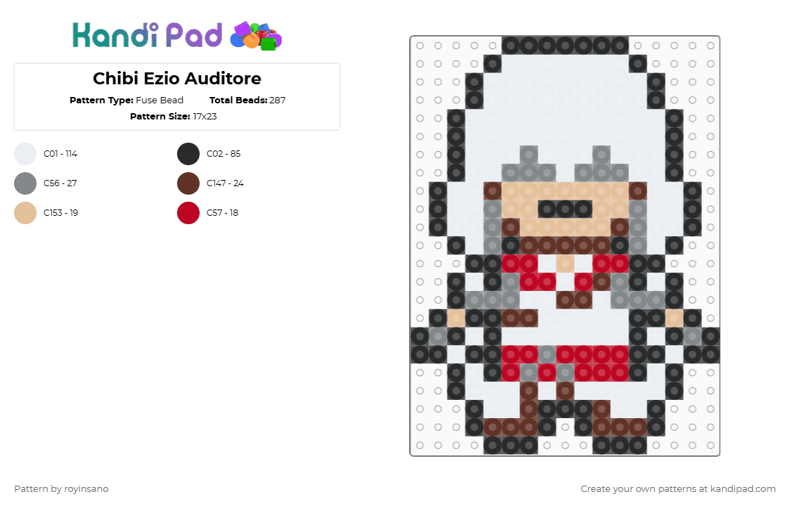 Chibi Ezio Auditore - Fuse Bead Pattern by royinsano on Kandi Pad - white,brown,gray