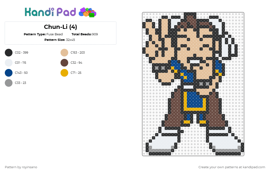 Chun-Li (4) - Fuse Bead Pattern by royinsano on Kandi Pad - black,beige,brown