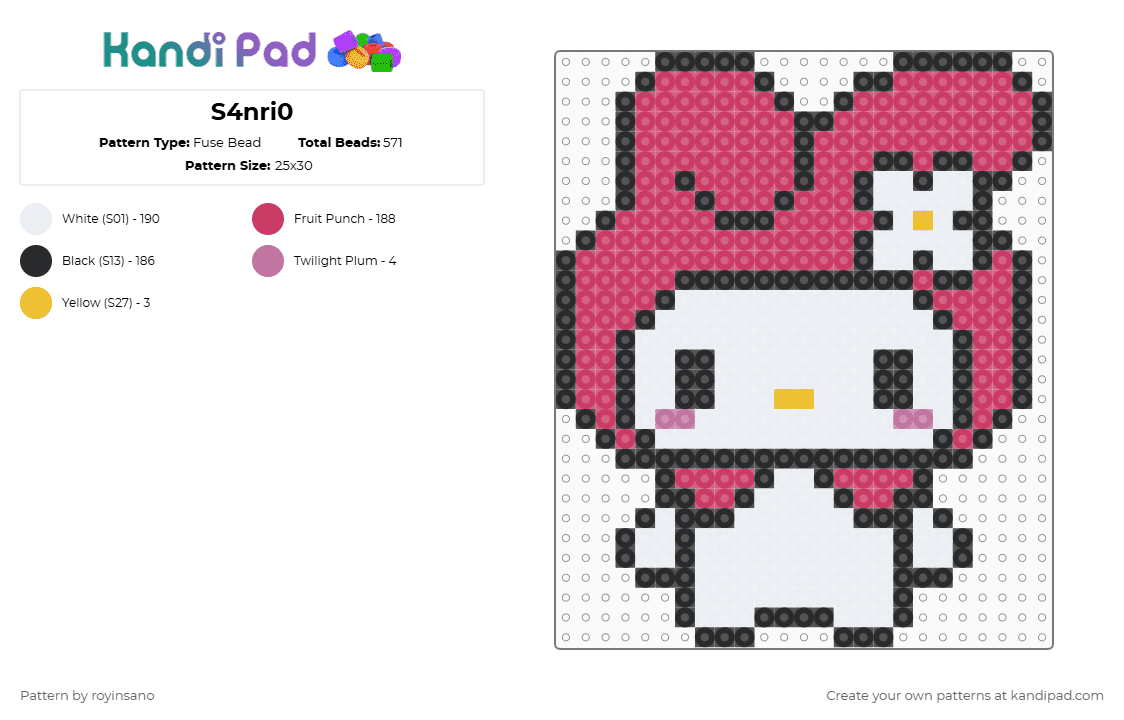 S4nri0 - Fuse Bead Pattern by royinsano on Kandi Pad - my melody,pink