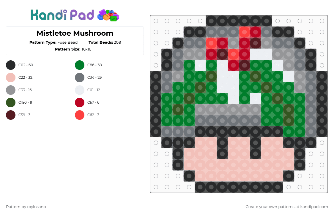 Mistletoe Mushroom - Fuse Bead Pattern by royinsano on Kandi Pad - gray,green,beige