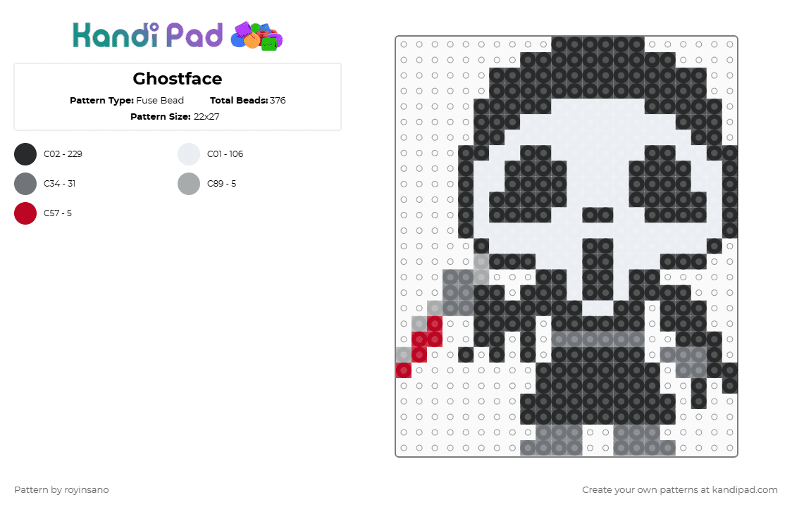 Ghostface - Fuse Bead Pattern by royinsano on Kandi Pad - black,white,gray