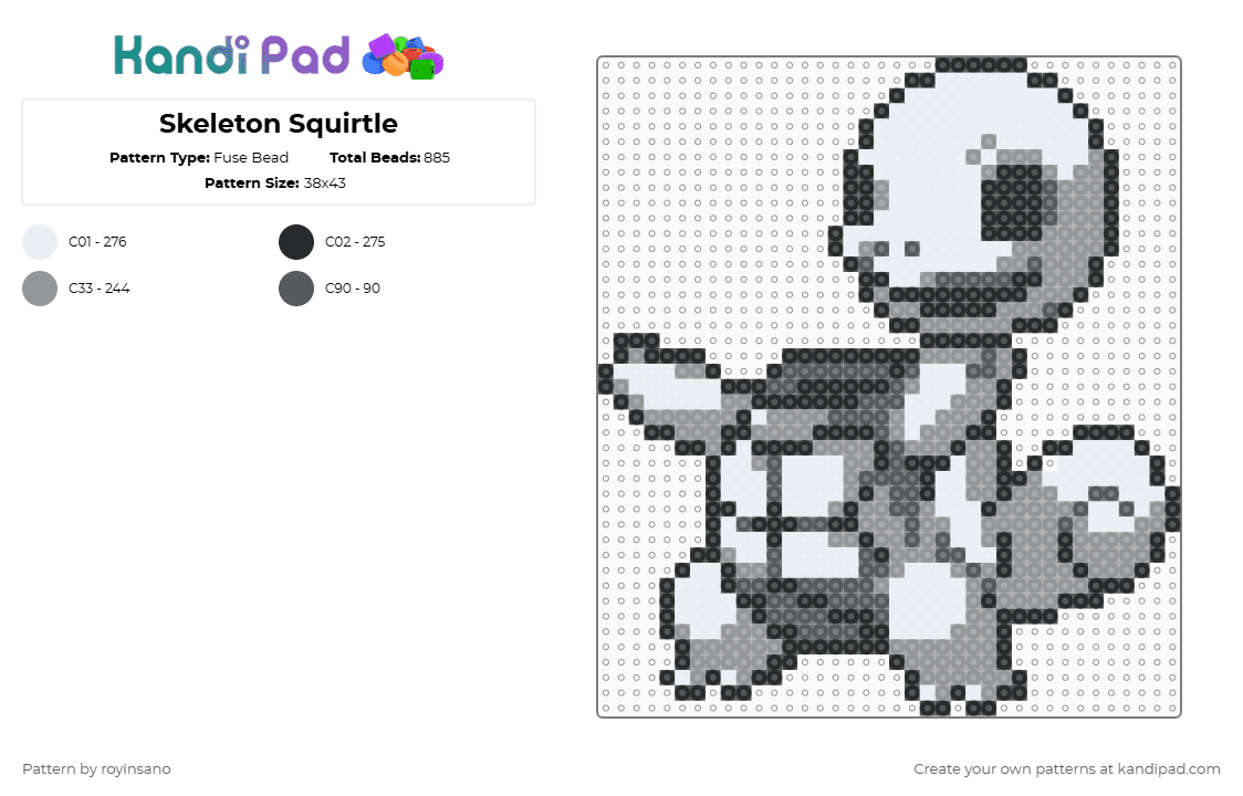 Skeleton Squirtle - Fuse Bead Pattern by royinsano on Kandi Pad - squirtle,skeleton,pokemon,spooky,halloween,video game,cartoon,gaming,holiday,gray,white