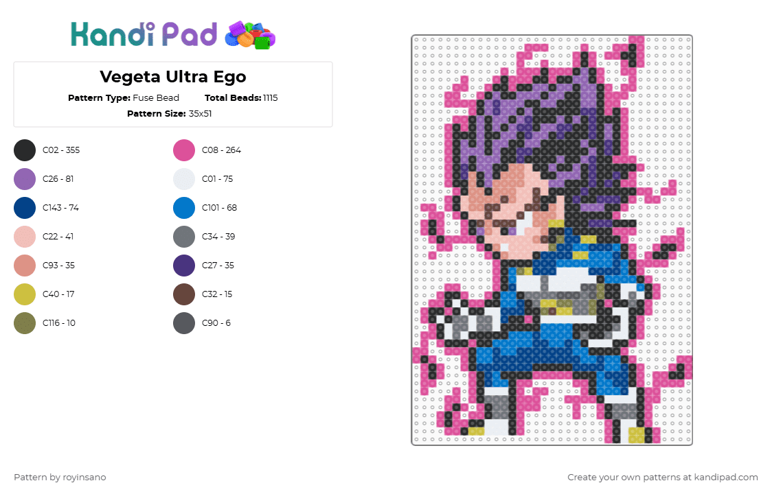 Vegeta Ultra Ego - Fuse Bead Pattern by royinsano on Kandi Pad - pink,blue,beige